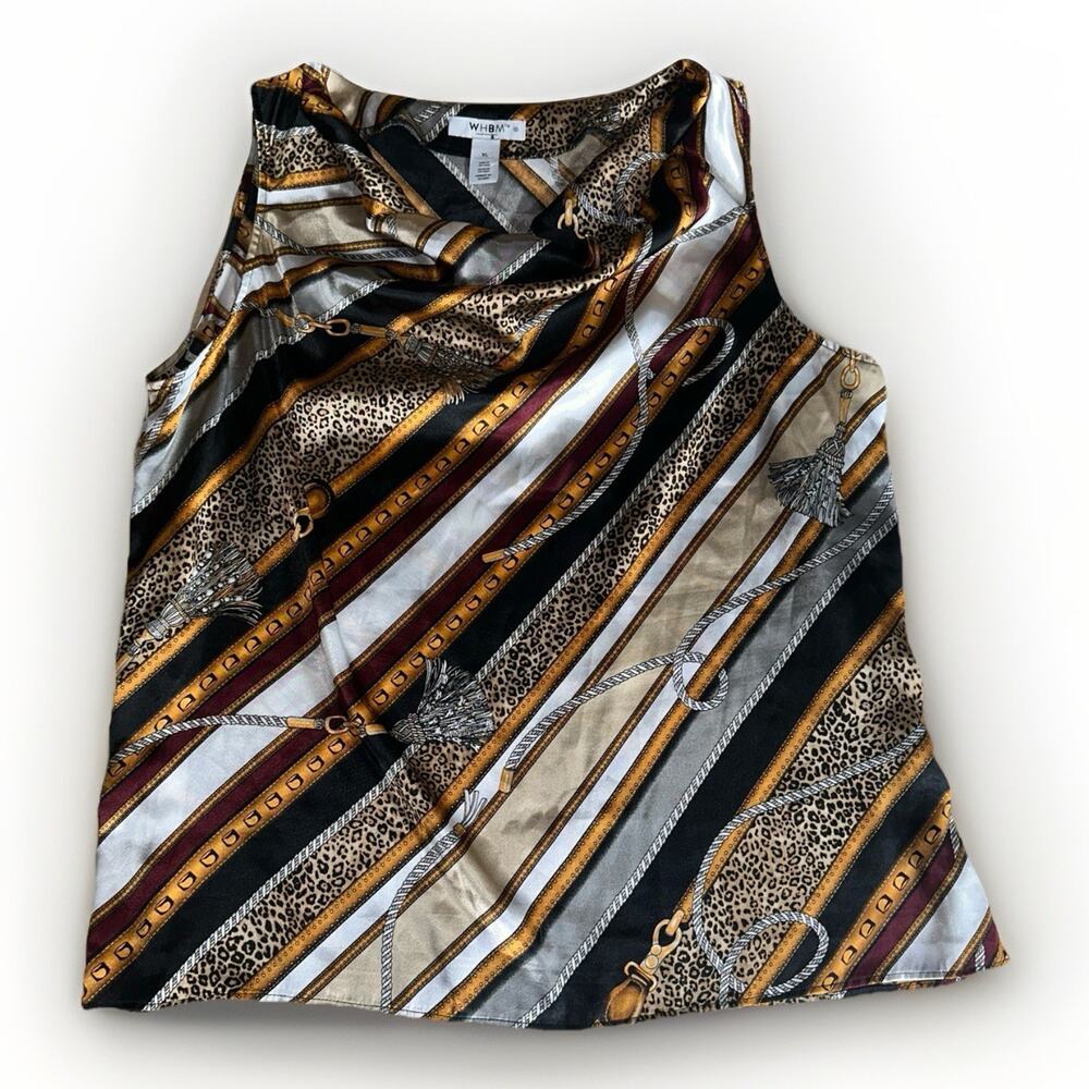 WHBM Gold Chain Print Sleeveless Blouse XL Satin Baroque Leopard Striped Top